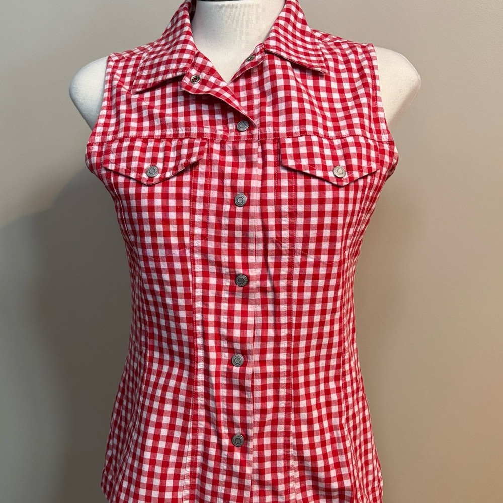 Vintage Red Gingham GAP Snap-Front Sleeveless 100% Cotton Shirt Size Small